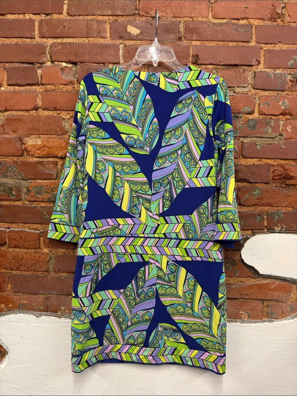 Trina Turk Rocio V-Neck 3/4 Sleeve Shift Dress Blue/Green/Purple Leaf Print Sz 6